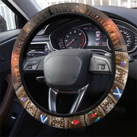 Brown padded steering wheel cover with holiday symbols and quilted trim, full-wheel view