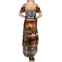 Women’s cold-shoulder maxi dress with brown holiday scene print on back, long length