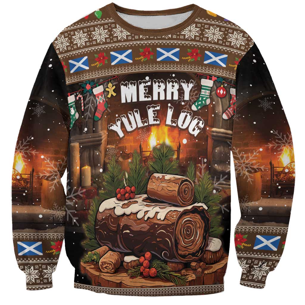 Unisex brown Christmas sweatshirt with 'Merry Yule Log' graphic and festive snowflake trim