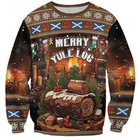 Unisex brown Christmas sweatshirt with 'Merry Yule Log' graphic and festive snowflake trim