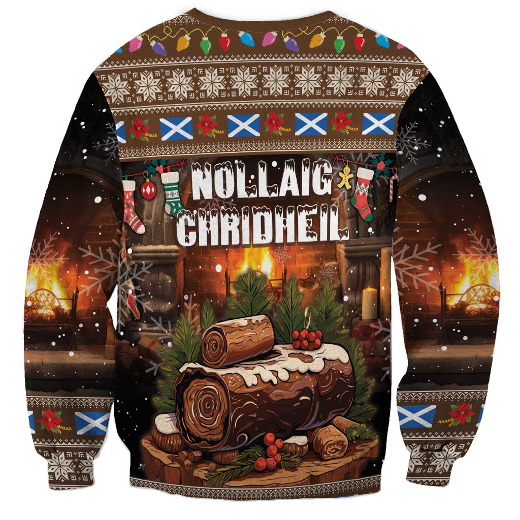 Unisex brown Christmas sweatshirt with holiday cottage graphic and colorful yard decoration