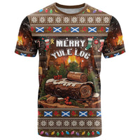 Brown Christmas T-shirt with 'Merry Yule Log' text and yule log graphic