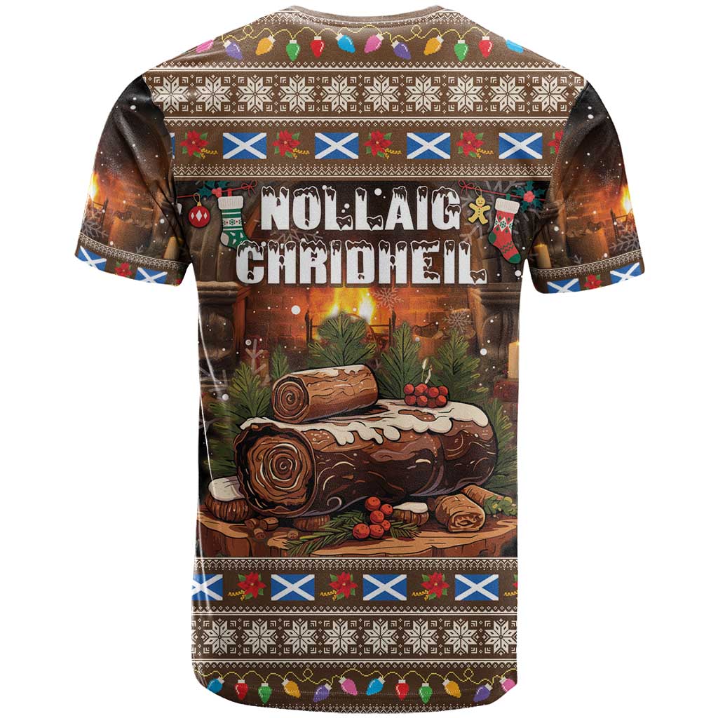 Brown Christmas T-shirt with holiday text and yule log scene graphic