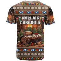 Brown Christmas T-shirt with holiday text and yule log scene graphic