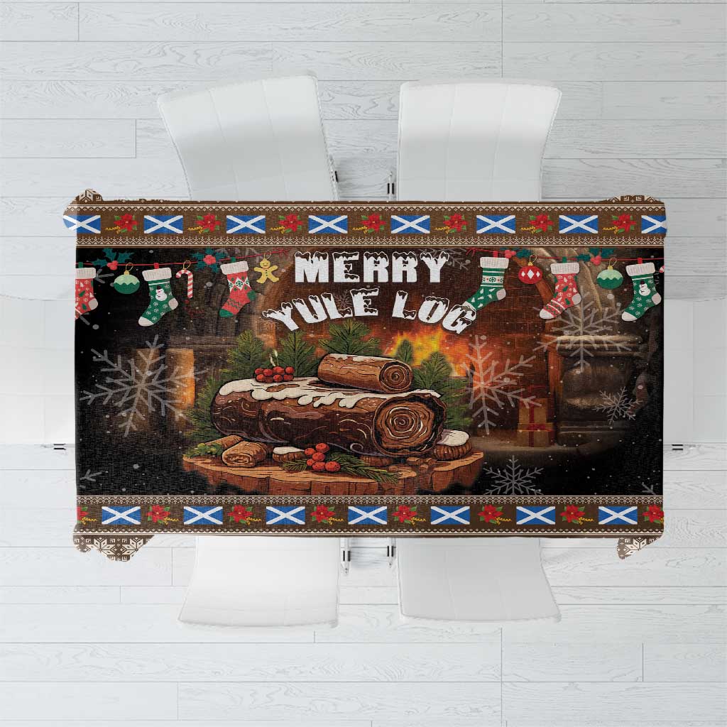 Dark brown Christmas tablecloth with “Merry Yule” text and log centerpiece, colorful border.