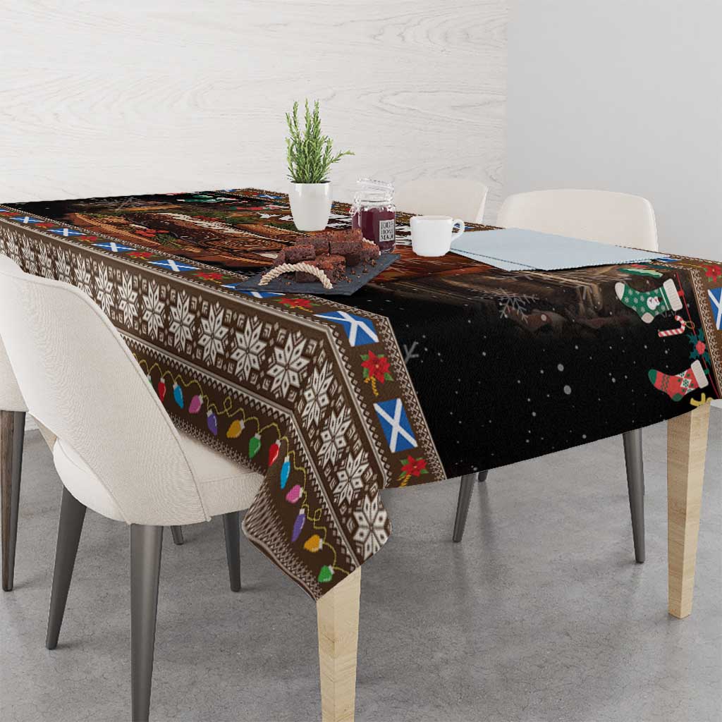 Dark Christmas tablecloth with geometric border, multicolor ornaments and snowflake pattern.