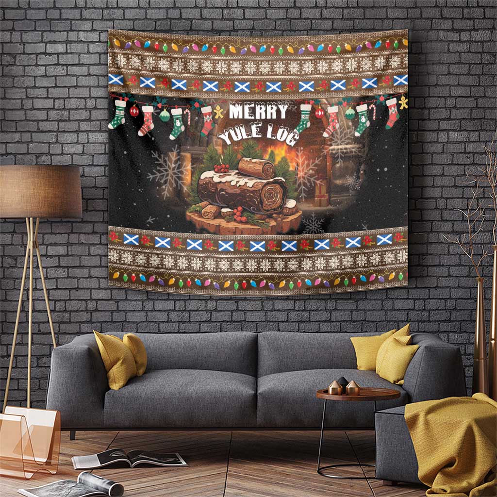 Brown Christmas tapestry with 'Merry Yule Log' text, wrapped log graphic and festive border
