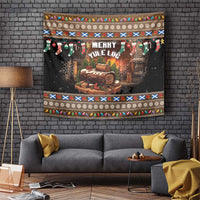 Brown Christmas tapestry with 'Merry Yule Log' text, wrapped log graphic and festive border