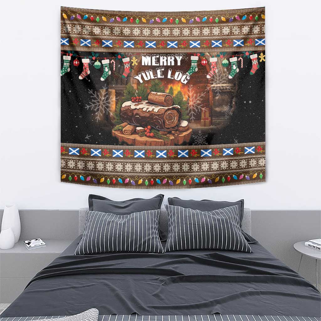 Brown Christmas tapestry featuring 'Merry Yule Log' over a stacked log scene and garland border