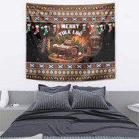 Brown Christmas tapestry featuring 'Merry Yule Log' over a stacked log scene and garland border