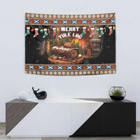 Brown Christmas tapestry with 'Merry Yule Log' headline and log-stack artwork with holiday trim