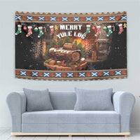 Brown Christmas tapestry with 'Merry Yule Log' text over glowing fireplace log illustration