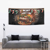 Brown Christmas tapestry with 'Merry Yule Log' text, stacked logs, and colorful border trim