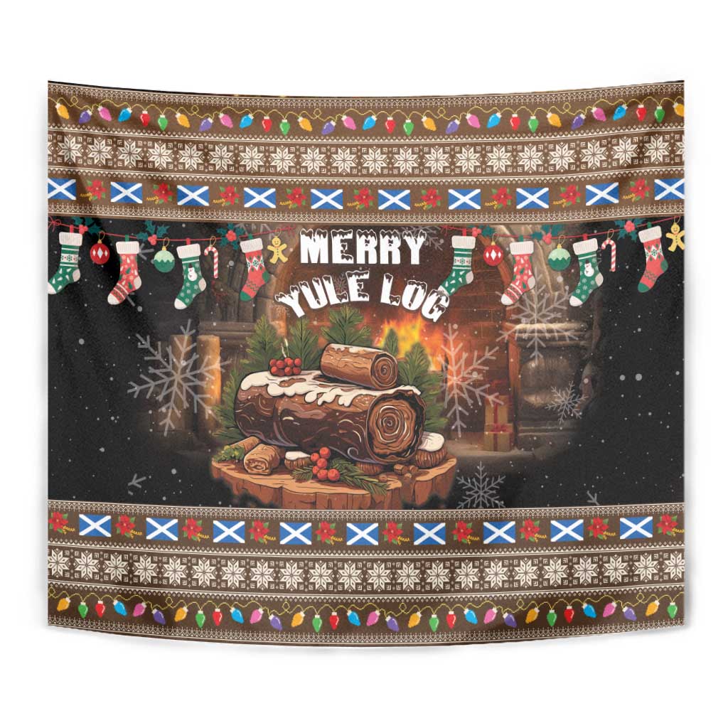 Brown Christmas tapestry with 'Merry Yule Log' headline, stockings garland, and patterned border