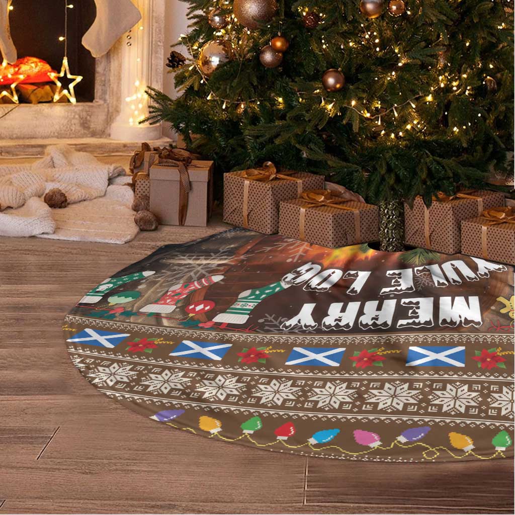 Round Christmas tree skirt with log-themed print and patterned border, fringed edge