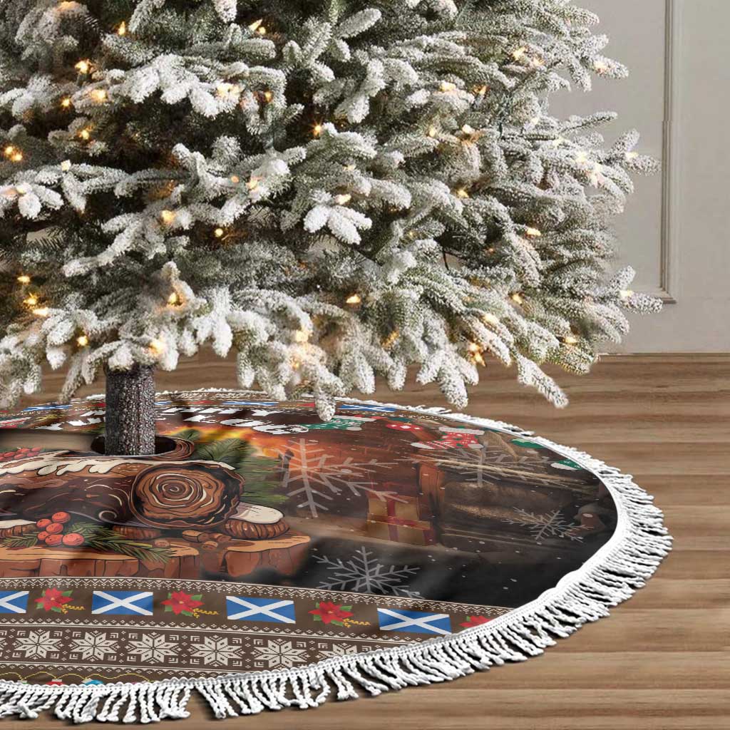 Round Christmas tree skirt with log print and blue/red trim, white fringe edge visible