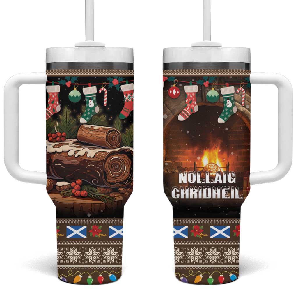 Christmas tumbler set with handles and straw lids, festive log, stockings, and tartan border