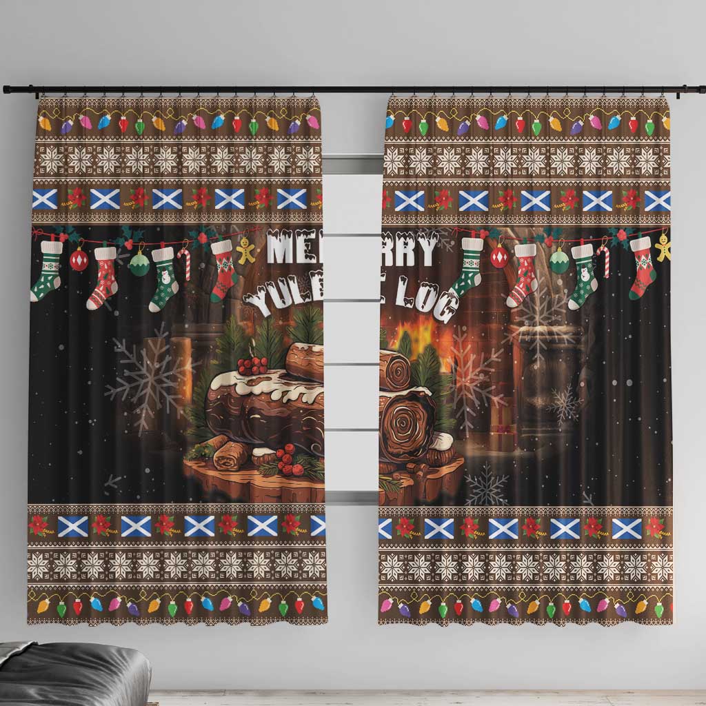 Dark brown holiday window curtain panels with 'Merry Yule' log and winter motifs, patterned border.