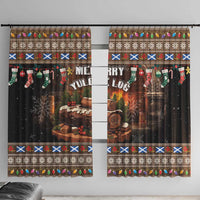 Dark brown holiday window curtain panels with 'Merry Yule' log and winter motifs, patterned border.