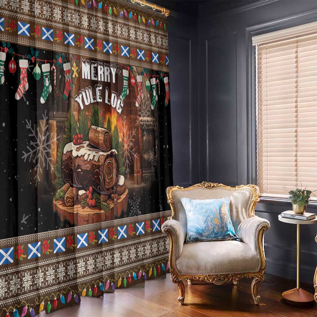 Dark brown holiday curtain panel with 'Merry Yule' text, stockings, and log artwork border trim.