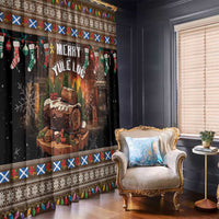 Dark brown holiday curtain panel with 'Merry Yule' text, stockings, and log artwork border trim.