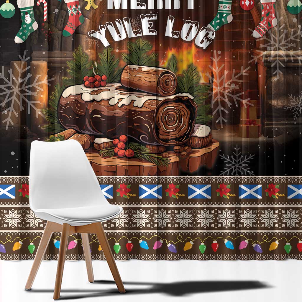 Dark brown holiday curtain panel detail with log artwork, snowflakes, and festive patterned hem.