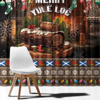 Dark brown holiday curtain panel detail with log artwork, snowflakes, and festive patterned hem.