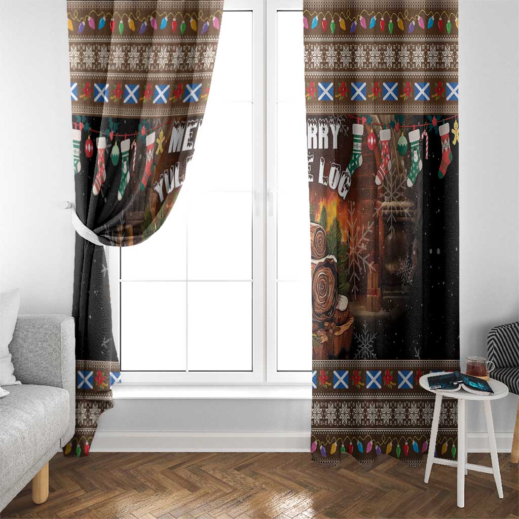 Dark brown holiday curtain panels on a window with multi-color band and log artwork.