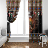Dark brown holiday curtain panels on a window with multi-color band and log artwork.