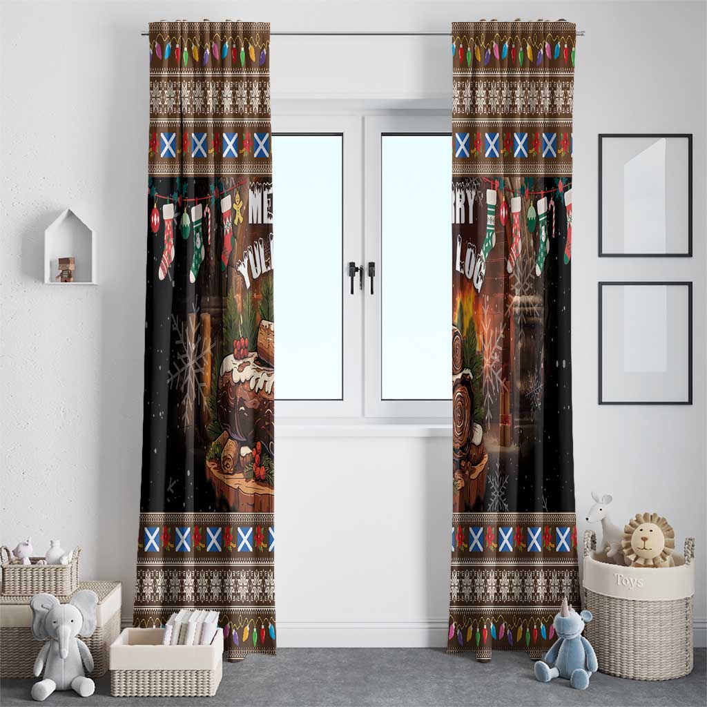 Pair of dark brown holiday window curtains with log artwork, stockings, and decorative border bands.