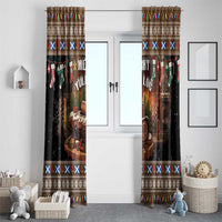 Pair of dark brown holiday window curtains with log artwork, stockings, and decorative border bands.