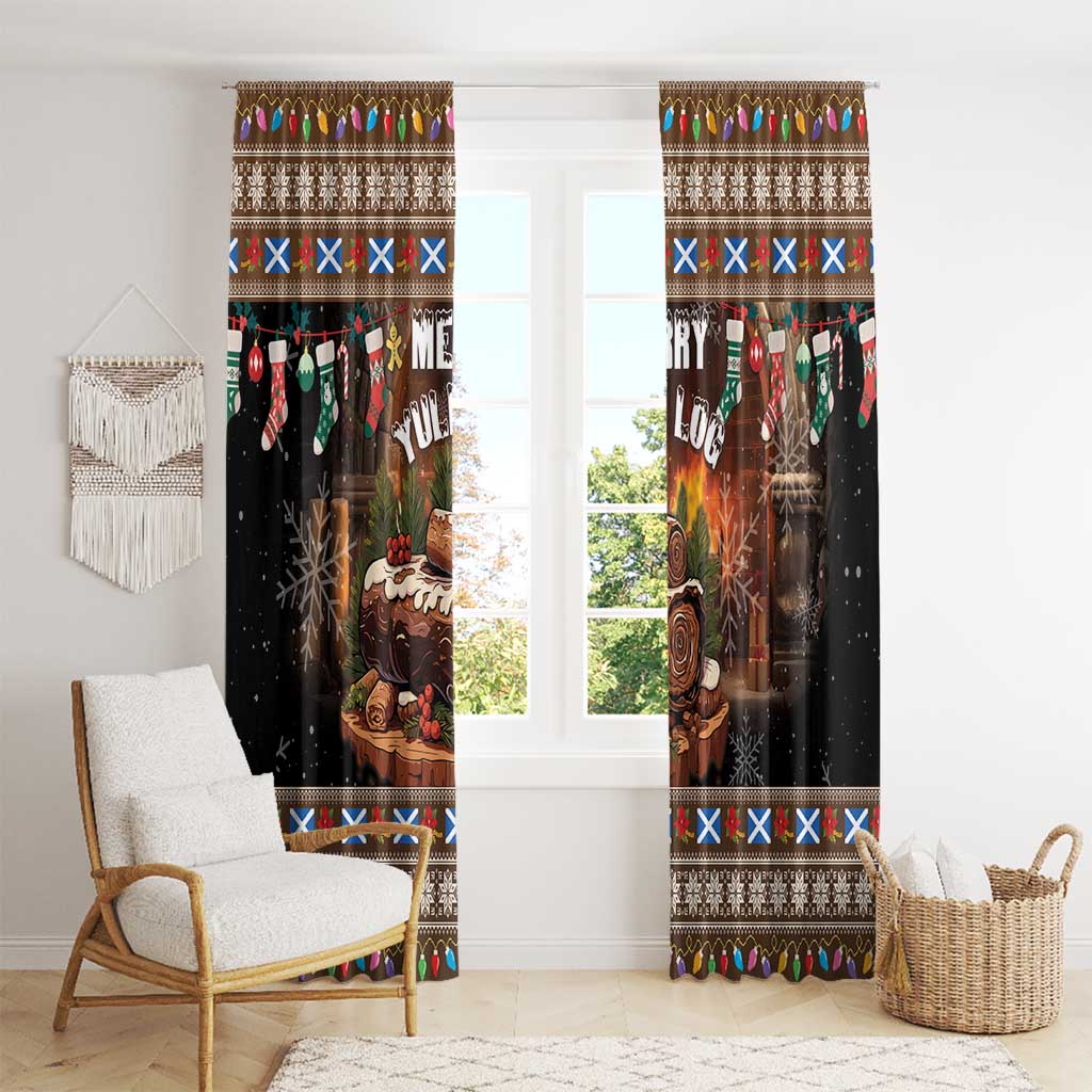 Dark brown holiday curtains with 'Merry Yule' scene on a window, colorful trim at top and bottom.