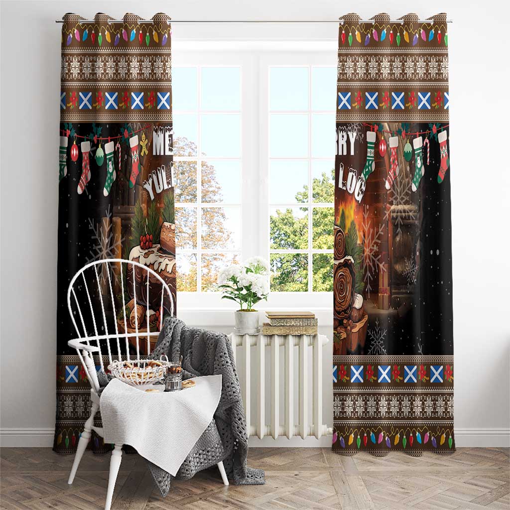 Dark brown holiday curtain panels with log artwork and 'Merry Yule' text, hanging by top rings.