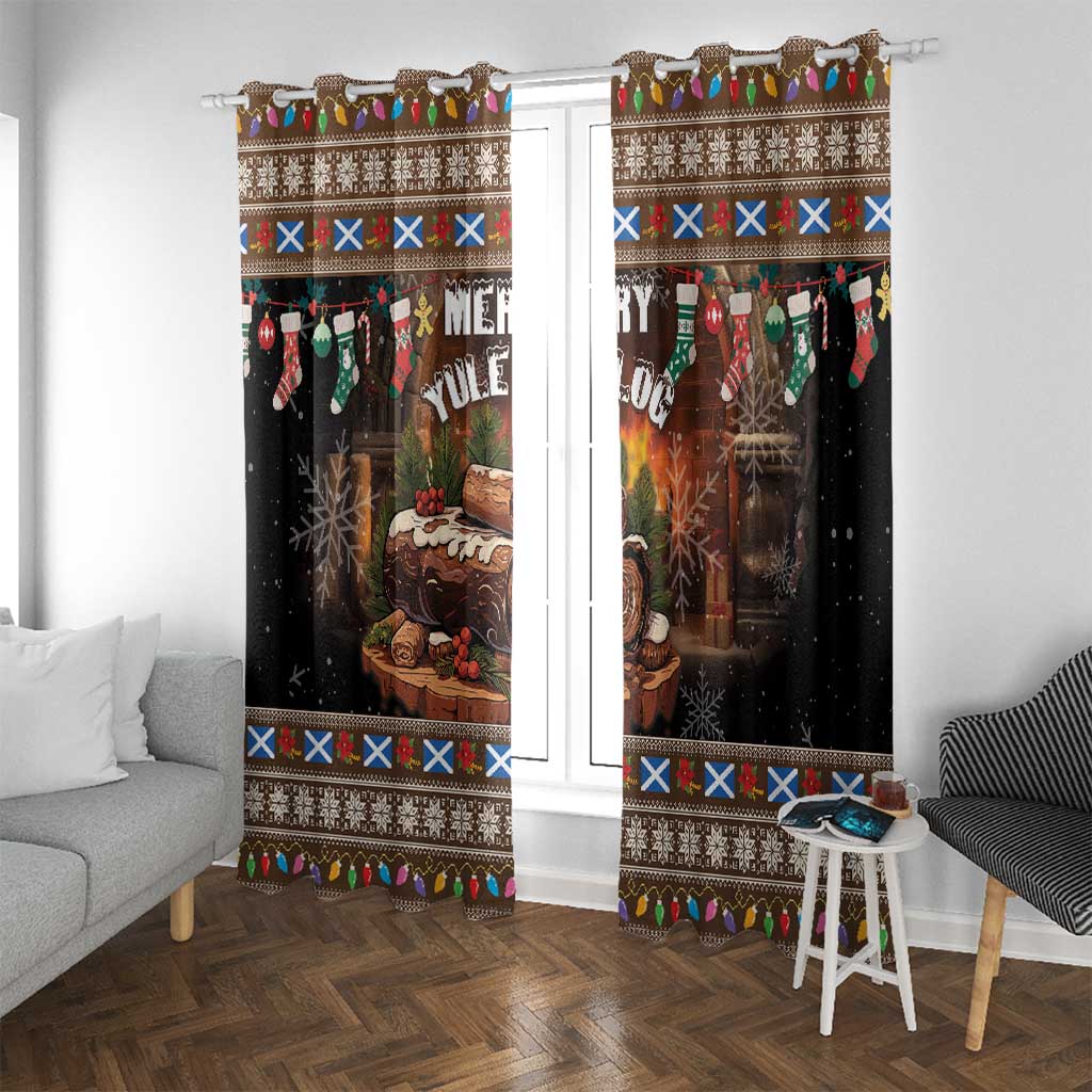 Two dark brown holiday curtain panels with log scene, stockings, and patterned border bands around.