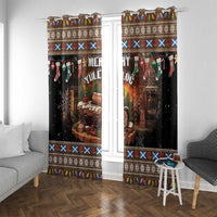 Two dark brown holiday curtain panels with log scene, stockings, and patterned border bands around.