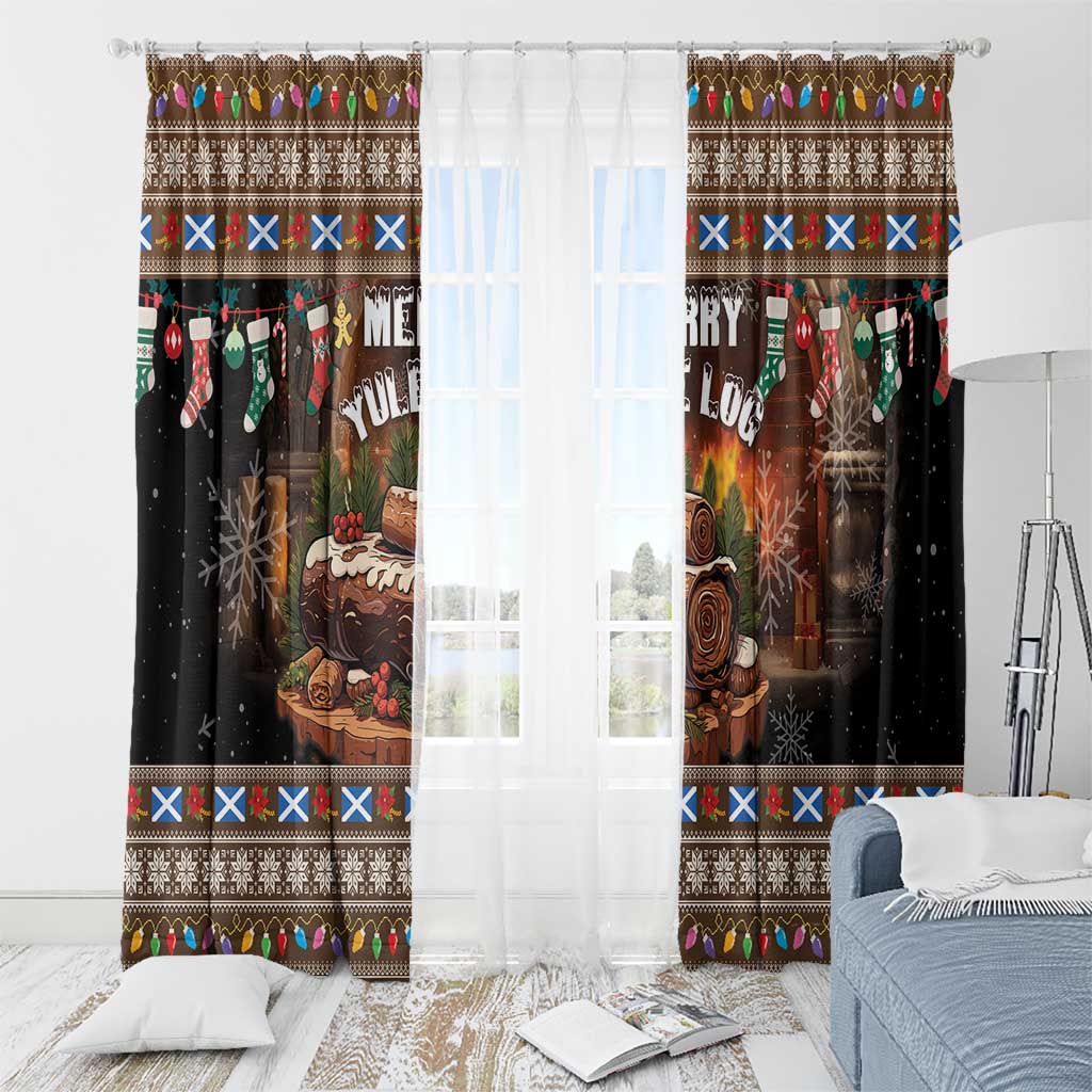 Dark brown holiday curtain panels with log artwork and 'Merry Yule' text, plus sheer inner panel.
