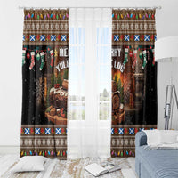 Dark brown holiday curtain panels with log artwork and 'Merry Yule' text, plus sheer inner panel.