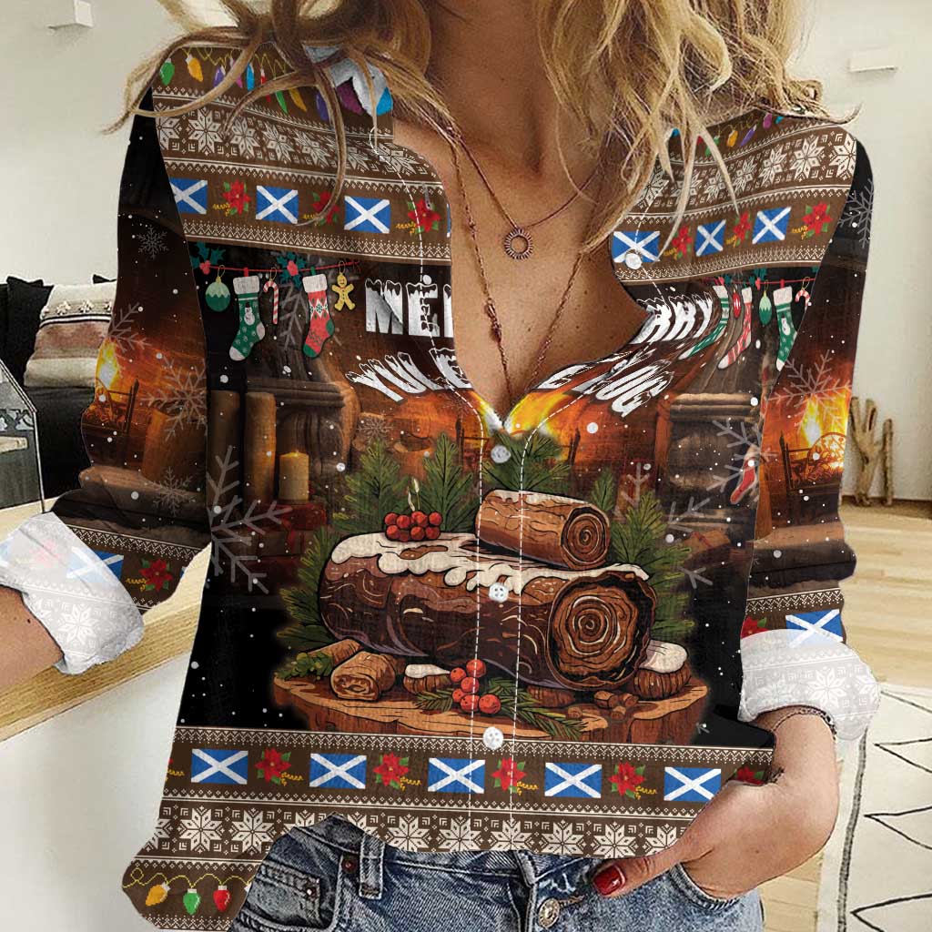 Scotland Christmas Women Casual Shirt Merry Yule Log