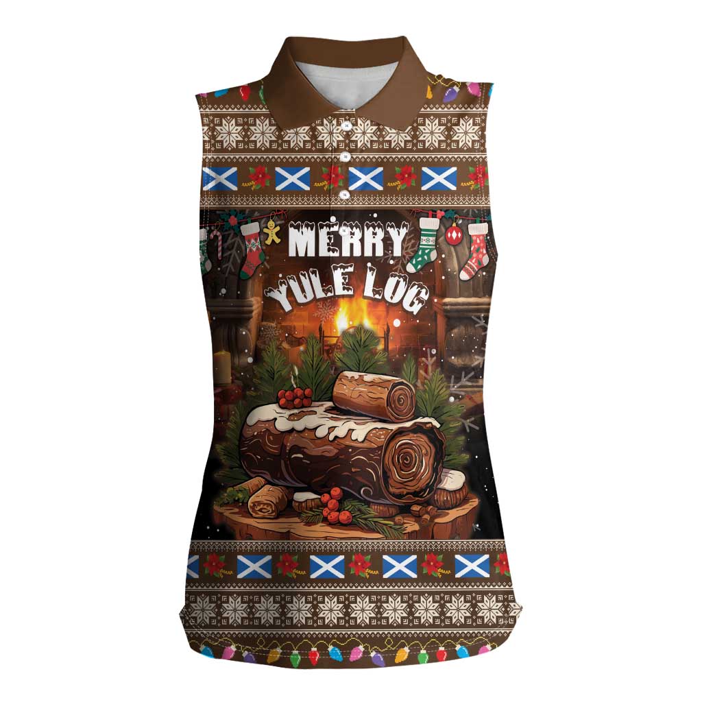 Scotland Christmas Women Sleeveless Polo Shirt Merry Yule Log