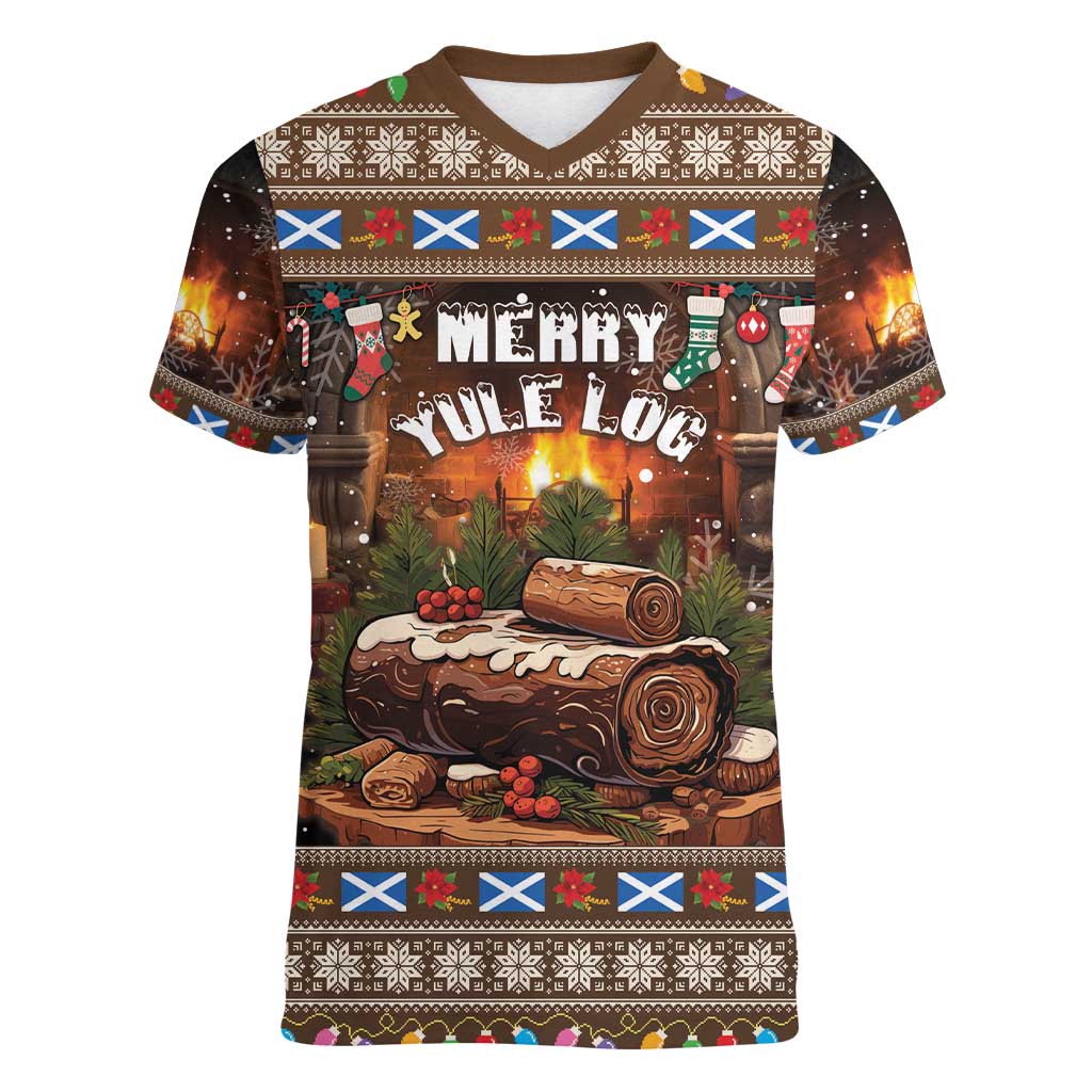 Scotland Christmas Women V-Neck T-Shirt Merry Yule Log