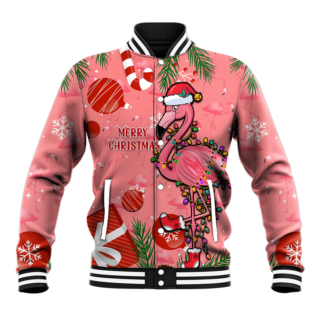 Pink Christmas baseball jacket with striped ribbed collar; flamingo Santa front graphic