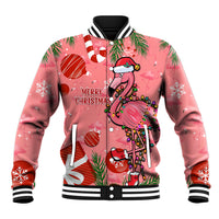 Pink Christmas baseball jacket with striped ribbed collar; flamingo Santa front graphic