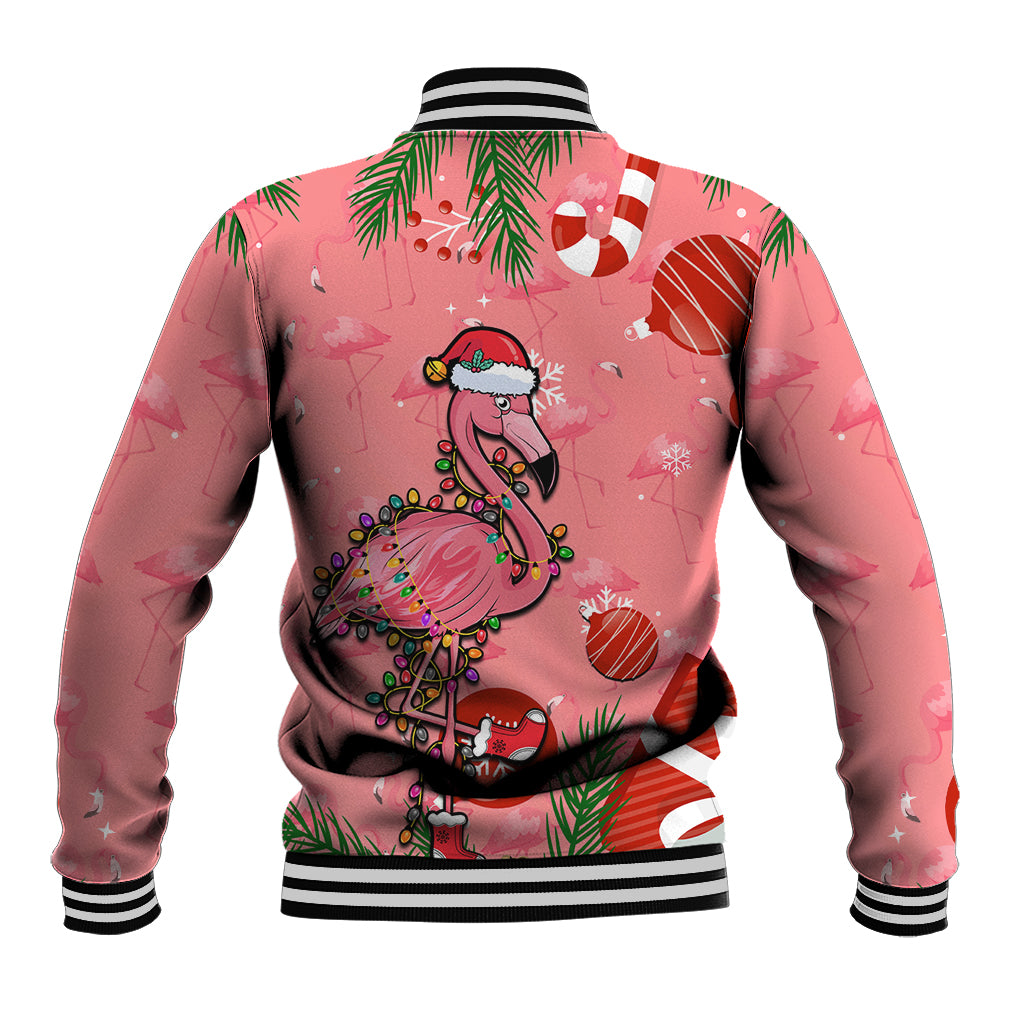 Pink Christmas baseball jacket back view with striped hem and ribbed cuffs; flamingo print