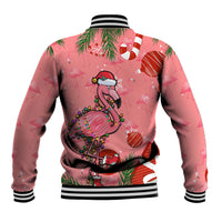 Pink Christmas baseball jacket back view with striped hem and ribbed cuffs; flamingo print