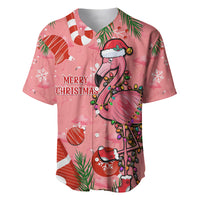 Pink flamingo Christmas baseball jersey with front “Merry Christmas” graphic