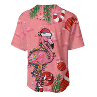 Pink flamingo Christmas baseball jersey, back view with festive lights and ornaments