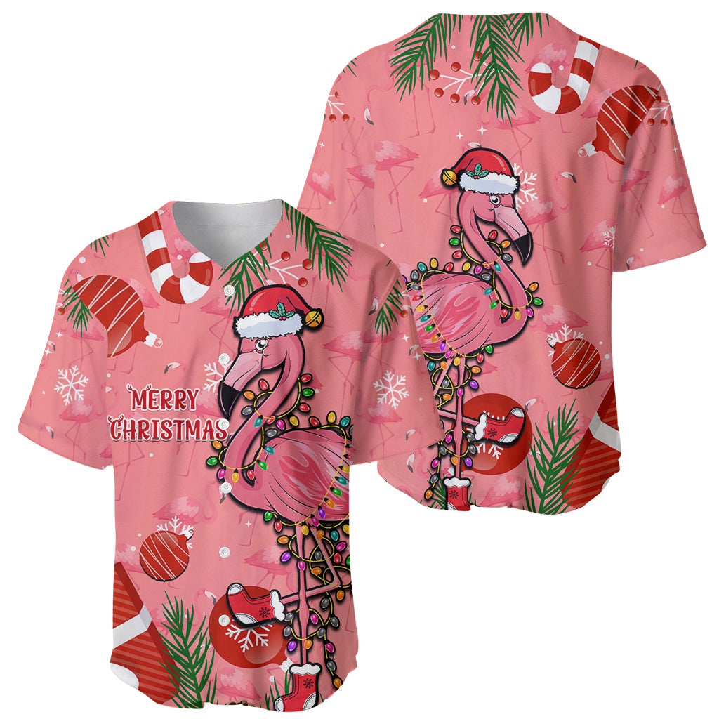 Pink flamingo Christmas baseball jersey, front and back with holiday decorations