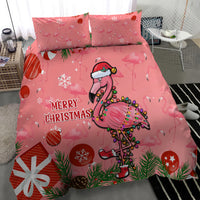 Pink flamingo Christmas bedding set with two pillowcases featuring “Merry Christmas” headline.
