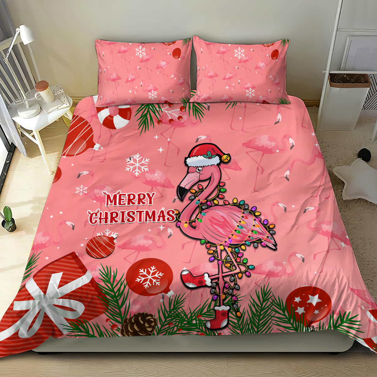 Pink Christmas duvet set with two pillowcases, cartoon flamingo, snowflakes, “Merry Christmas”.
