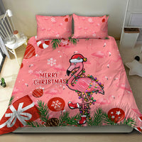 Pink Christmas duvet set with two pillowcases, cartoon flamingo, snowflakes, “Merry Christmas”.